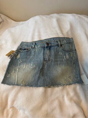 Michel Light Blue Denim Mini Skirt with Sequin Embellishments